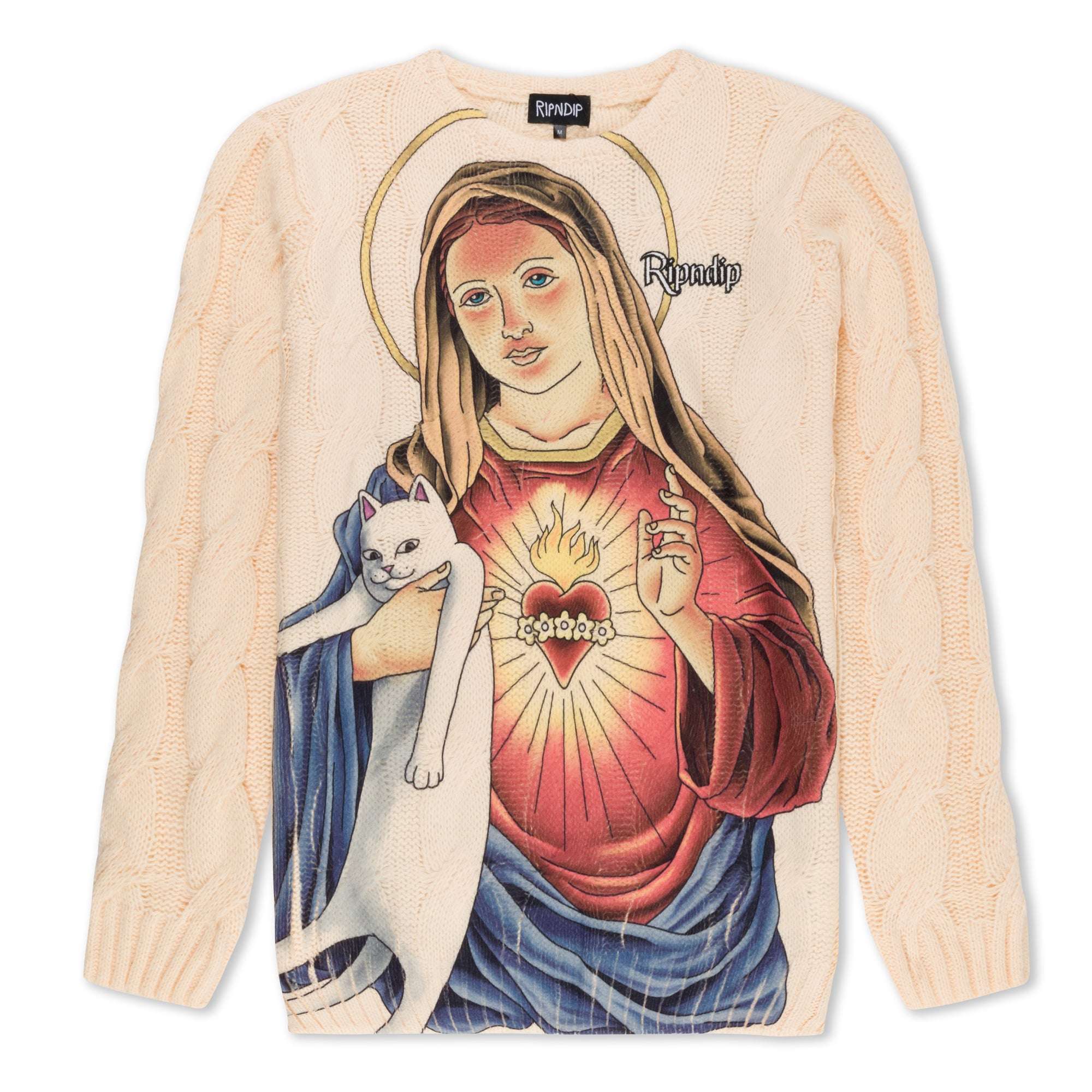 RIPNDIP Mother Mary Cable Knit Sweater (Cream)