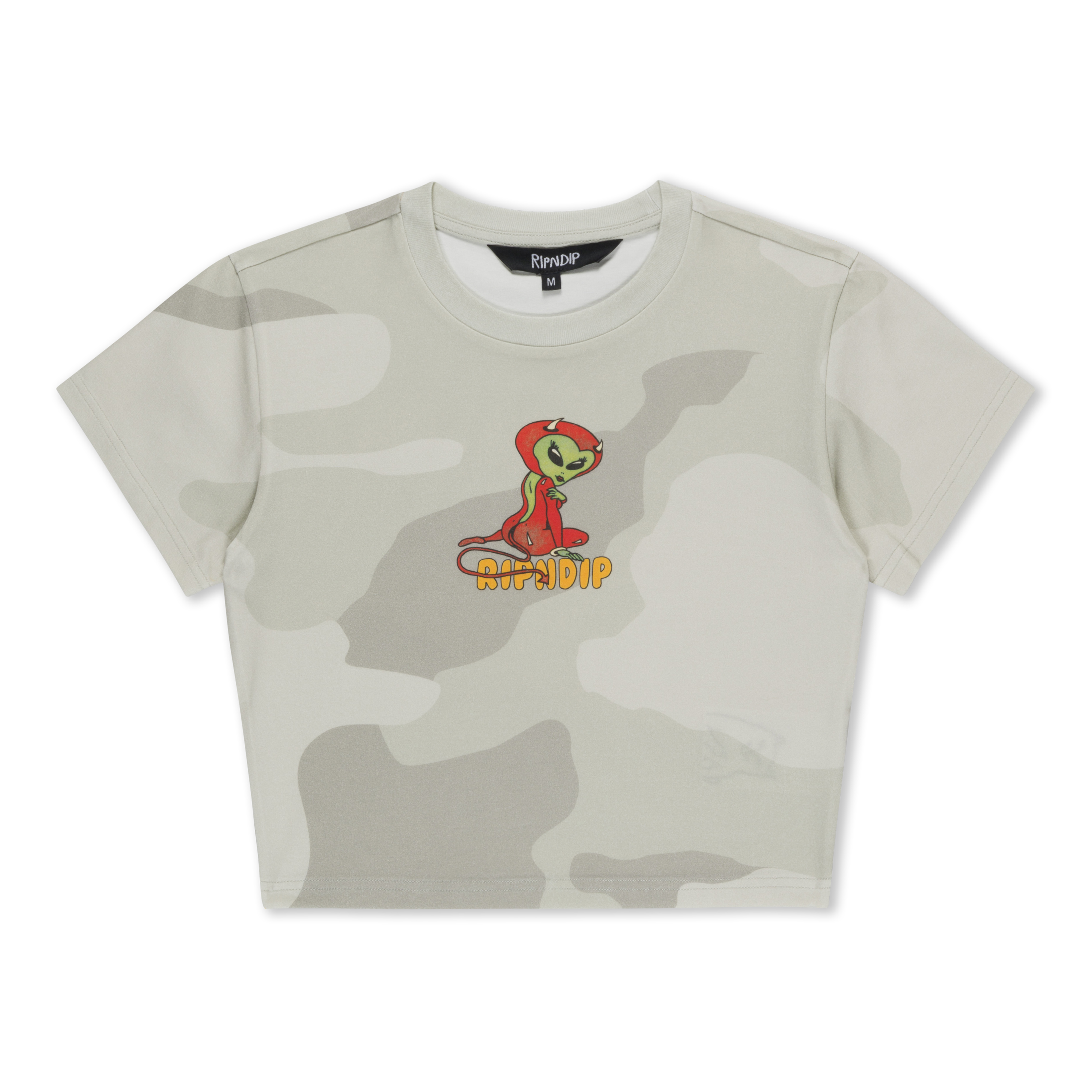 RIPNDIP Devil Alien Cropped Baby Tee (Bone Graffiti Camo)
