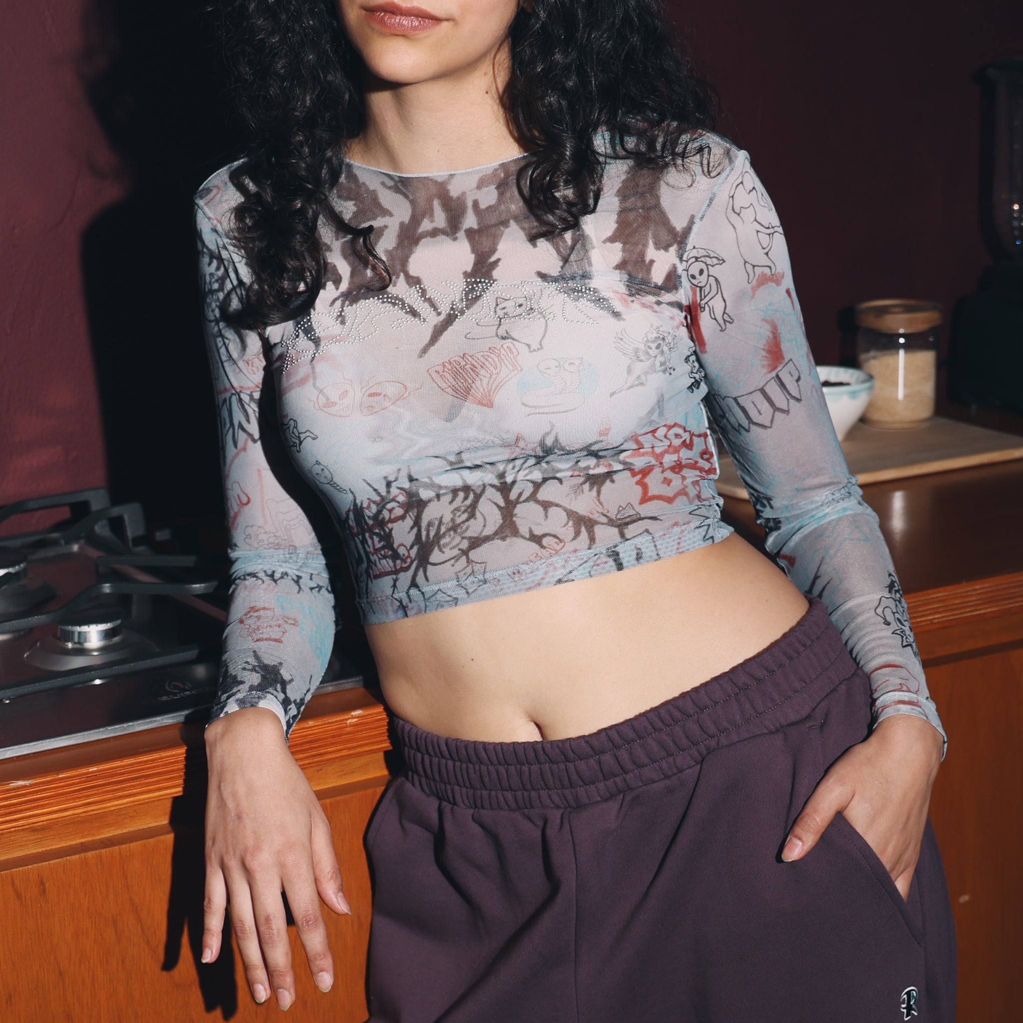 RIPNDIP Marker Long Sleeve Mesh Crop Top (Charcoal)