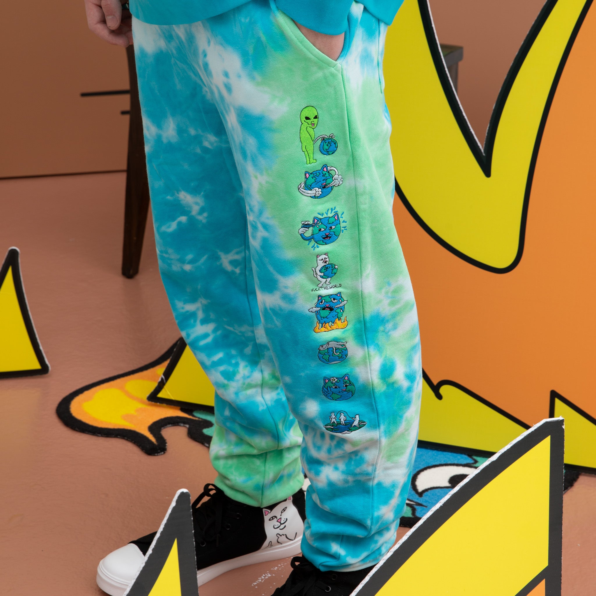 Save the World Embroidered Sweatpants (Aqua/Green Tie Dye)