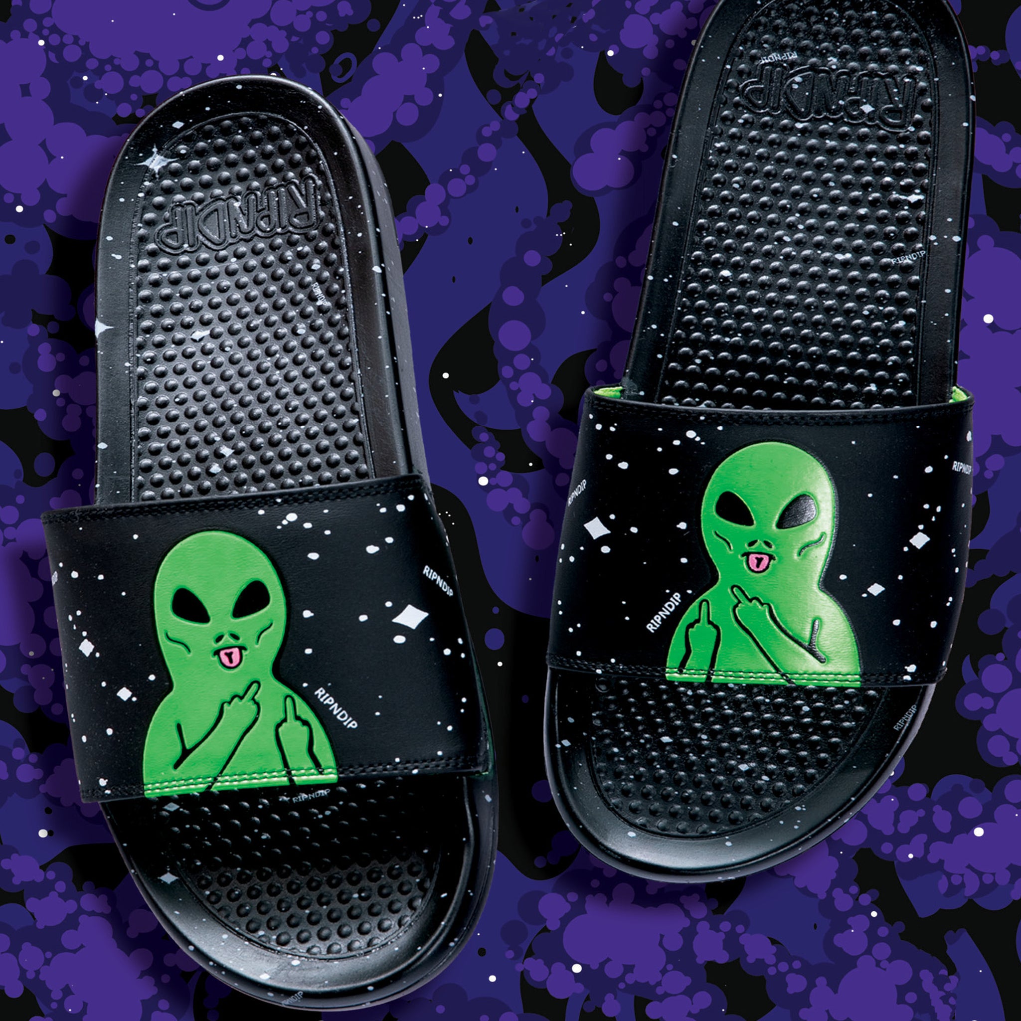 We Out Here Slides (Black/Neon Green) – RIPNDIP